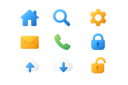 Web interface and application icons set including home search gear phone lock and cloud upload download isolated on transparent background