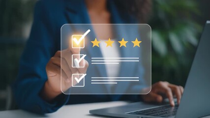 Businesswoman interacting with digital interface rating system five star review checklist completion task management 4k - Powered by Adobe