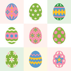 Collection of nine colorful and decorative easter eggs with unique patterns