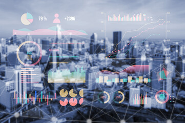 Stunning display of modern business analytics with colorful graphs and charts, showcasing essential data insights over an urban cityscape background. Impute