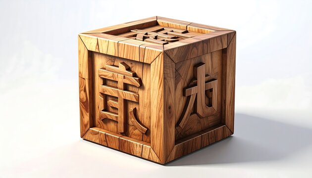 A detailed rendering of a wooden cube etched with complex Asian characters, positioned against a soft, white background with subtle lighting