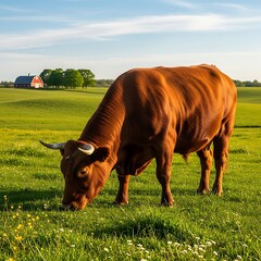 Brown Bull Grazing in a Green Pasture with Barn in Background.
