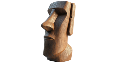 Wooden Moai statue, textured, against a dark backdrop, profile angle