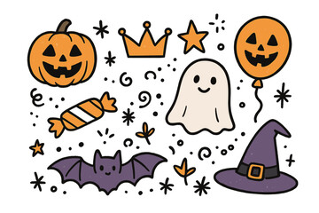 Halloween Doodle Icons. Halloween festival doodle icon set: hand drawn icons of jack-o-lantern with smile, ghost, crown, star,