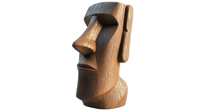 Wooden Moai statue, textured, against a dark backdrop, profile angle