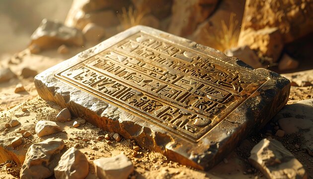A detailed rendering of a weathered stone tablet, intricately inscribed with hieroglyphic-like symbols, resting on a sandy, sun-baked terrain