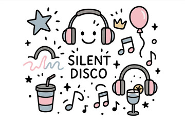 Silent Disco Icons. Silent disco doodle icon set: hand drawn icons of headphones with smile, crown, star, balloon, neon lights,