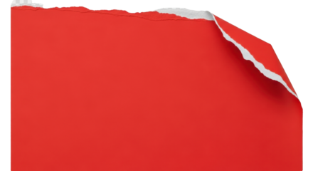 Bright red paper with a triangular ripped corner, rough torn edges, visible paper fibers, matte finish, photorealistic scanned texture, isolated on transparent background