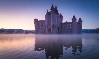 Fototapeta premium A grand castle rises from a misty lake at dawn, its reflection mirroring in calm waters