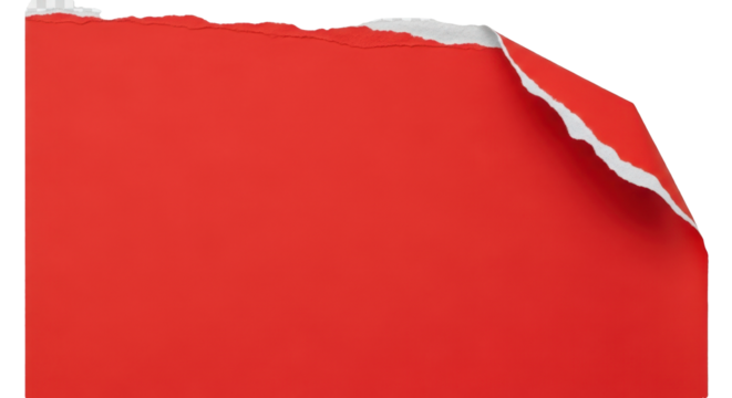Bright red paper with a triangular ripped corner, rough torn edges, visible paper fibers, matte finish, photorealistic scanned texture, isolated on transparent background