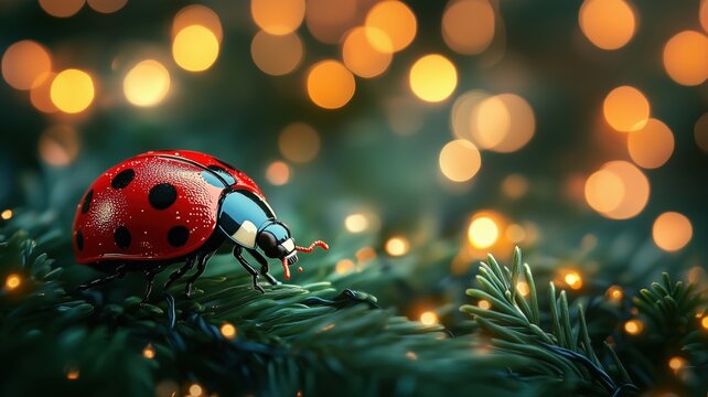 christmas ornament ladybug on pine with bokeh lights