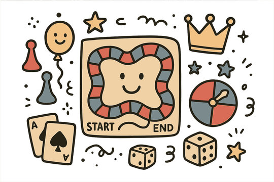 Classic Board Games Doodle. Classic board games illustration doodle style: hand drawn retro board with smile, pawns, crown, star,
