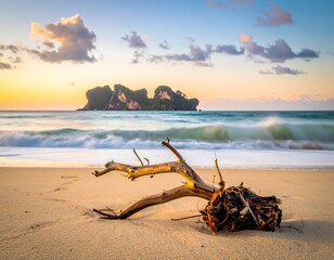 A sunlit beach scene captures a weathered tree trunk in the foreground, with a rocky island and calm sea at sunset