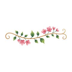 Delicate pink flowers and green leaves on a swirling vine border