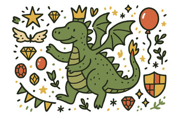 Obraz premium Cute Dragon Parade. Dragon parade illustration doodle style: hand drawn dragon with smile, wings, crown, star, balloon, fire,