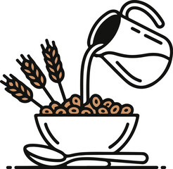 a bowl of cereal, breakfast, food, simple illustration, minimalist, vector graphics, line art, black and white