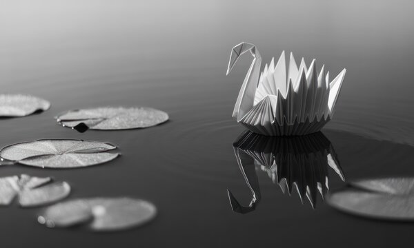 A grayscale image of an origami swan floating on water, lily pads around it - Powered by Adobe