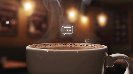 Close-up of coffee cup with rising steam and appearing chat message icons in cafe setting