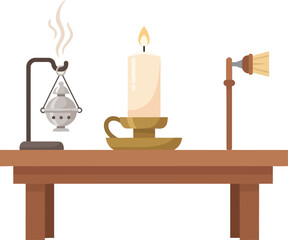 Peaceful spiritual scene for meditation and faith featuring a collection of sacred ritual objects like a lit candle, smoking incense burner, and holy water sprinkler.
