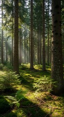 Fototapeta premium Sunlit Forest Floor - A Serene Woodland Scene.