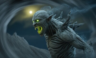 Fototapeta premium A grotesque monster with glowing eyes and mouth, wreathed in smoke under a moonlit sky