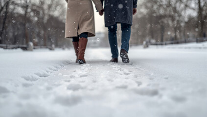 Couple walking away from the camera through a snow-covered park path holding hands during cold winter season