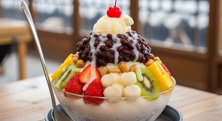 Delicious Bingsu Dessert with Fruit and Red Bean Topping.
