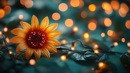 beautiful sunflower with warm bokeh lights