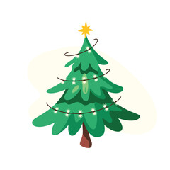 Festive green christmas tree decorated with lights and star