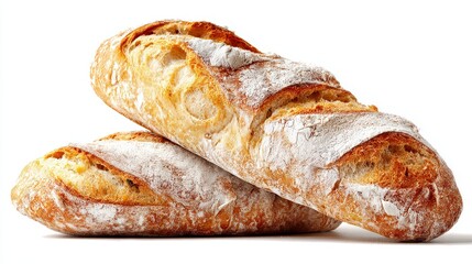 Two freshly baked baguettes are presented with a  view, showcasing their golden-brown crusts, dusted with flour, and placed against a clean white background.