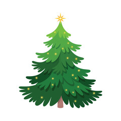 Festive green christmas tree decorated with lights and star