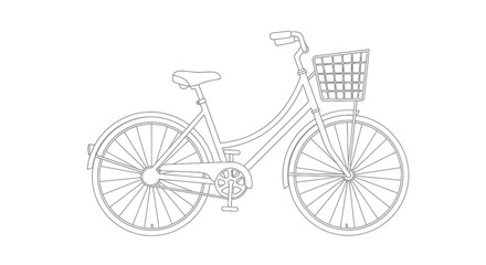 A detailed line drawing of a classic bicycle with a front basket.