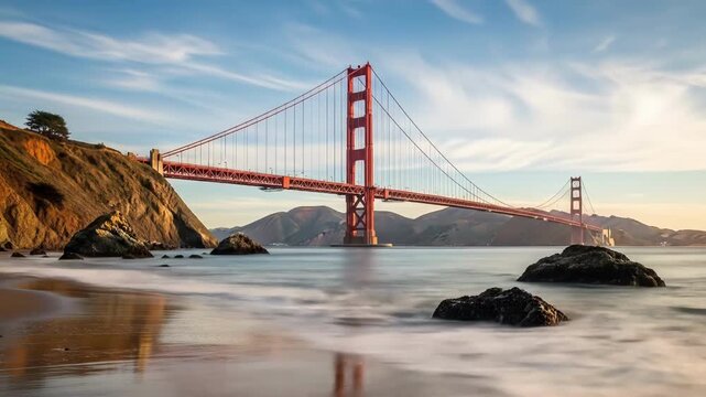 Iconic bridge spans shimmering water under a bright sky Rocky shoreline meets gentle waves Peaceful vista inspires awe A perfect picture of travel destination