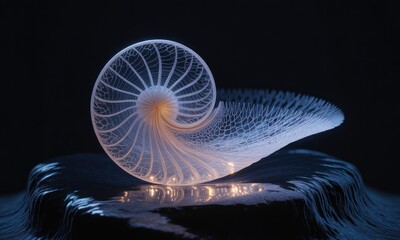 A luminous, intricate spiral structure sits atop a reflective, dark surface