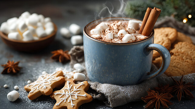 Cup of hot chocolate with marshmallows, cinnamon sticks, and Christmas cookies, cozy background
