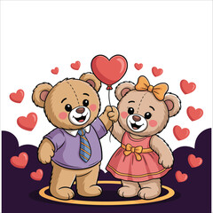 Charming pair of teddy bears celebrating love with heart balloons and romantic accents adorable couple illustration illustration