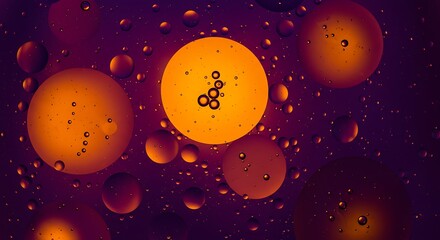 Fototapeta premium Macro shot of orange oil droplets floating in a purple liquid creating an abstract design effect