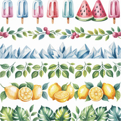 Watercolor summer borders with popsicles watermelon lemons and leaves