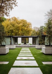 Modern minimalist home exterior with green lawn and trees architectural design