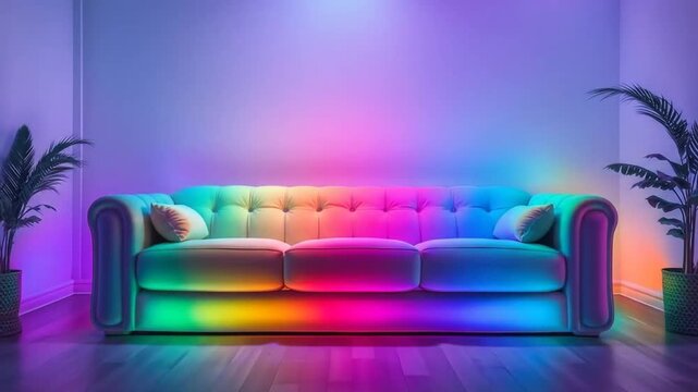 Bright colorful sofa with neon lights in a stylish interior setting. 4k video