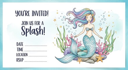 Mermaid Splash Invitation - A whimsical invitation for a fun mermaid-themed party.