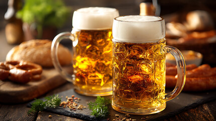 Close-up of frothy golden beer in steins with pretzels and sausages in background