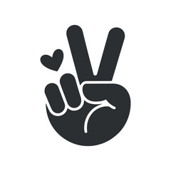 Monochrome Peace Sign Hand Icon with Heart Symbol on Transparent Background