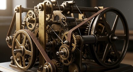 Intricate Gears and Belts of a Vintage Mechanical Machine.