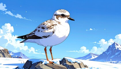 A cute, cartoon-style bird stands on a snowy rock against a winter mountain backdrop with a bright blue sky
