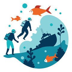 Divers explore sunken ship with orange fish scuba divers