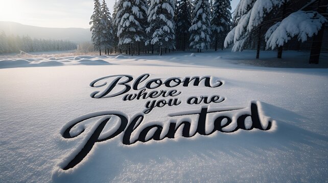 Snowy landscape with motivational quote: Bloom where you are planted.