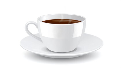 A digitally rendered image of a ceramic teacup filled with steaming dark liquid, resting on a matching saucer against a plain white backdrop