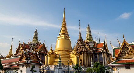 Fototapeta premium Grand Palace Bangkok - Golden Pagodas and Ornate Architecture Under Blue Sky.