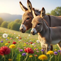 Donkeys in a Field of Flowers - A Peaceful Scene.